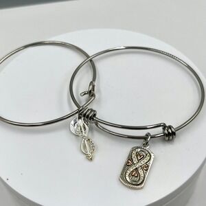 VTG Silver Tone Charm Bangle Bracelet Set Friends Quote Infinity Heart Crystal